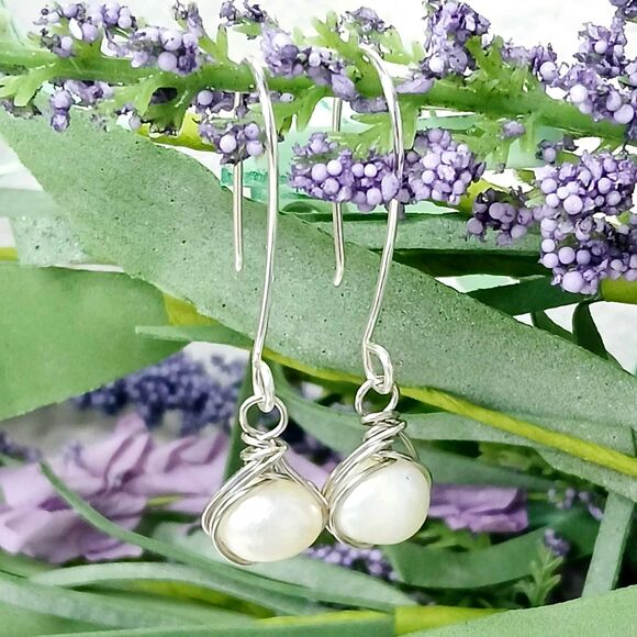 Freshwater Pearl Beaded Dangle Drop Earrings, Wire Wrapped Boho Chic Statement - Picture 2 of 4